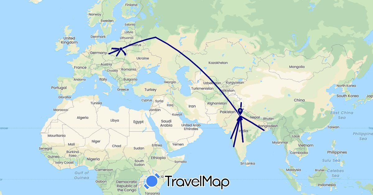 TravelMap itinerary: driving in India, Poland, Russia (Asia, Europe)